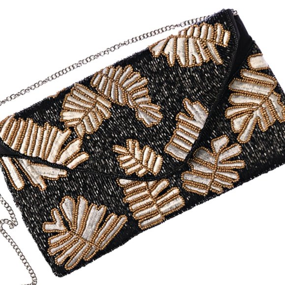 Black Gold Beaded Palm Leaf Bead Crossbody Chain Clutch Boho Handbag NEW - Picture 8 of 8
